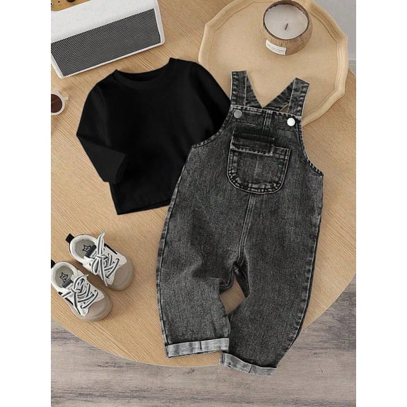 Baby Boy Fashion Solid Color Round Neck Top And Casual Bib Pants 2-Piece Set Overall Vintage Overalls Boys Jeans Denim Outfit Autumn Fall