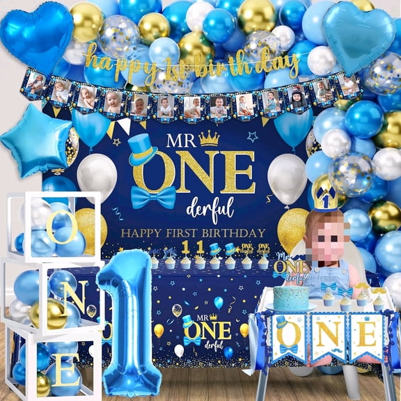 Baby Boy First Birthday Decorations, Mr Onederful 1st Birthday Decorations for Boy Party Supplies with Crown Backdrop Balloon Arch Kit Blue High Chair Banner Tablecloth Photo Banner$$