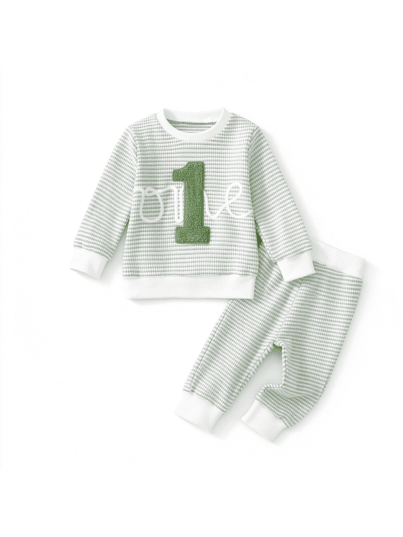 Baby Boy First Birthday Outfit One Embroidery Waffle Tops Sleeve Sets 1st Birthday Outfit Autum&Winter Clothes 6 12 18 M (Blue,Green,Brown 6-12M)