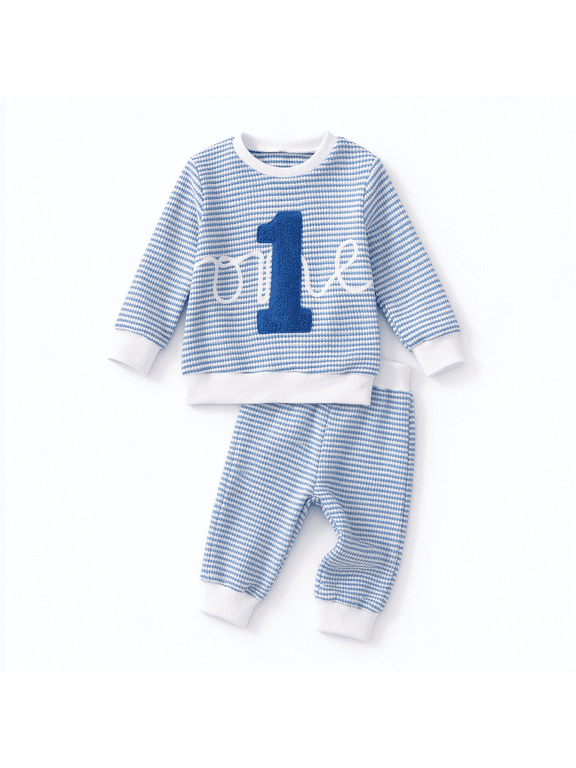 Baby Boy First Birthday Outfit One Embroidery Waffle Tops Sleeve Sets 1st Birthday Outfit Autum&Winter Clothes 6 12 18 M (Blue,Green,Brown 6-12M)