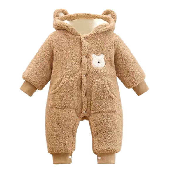 Baby Boy Fleece Jumpsuit Coffee Baby Onesie Long Sleeve Button down Jumpsuit Bear Ears Hooded Baby Snow Suit Baby Clothes Girl 6-12 Months