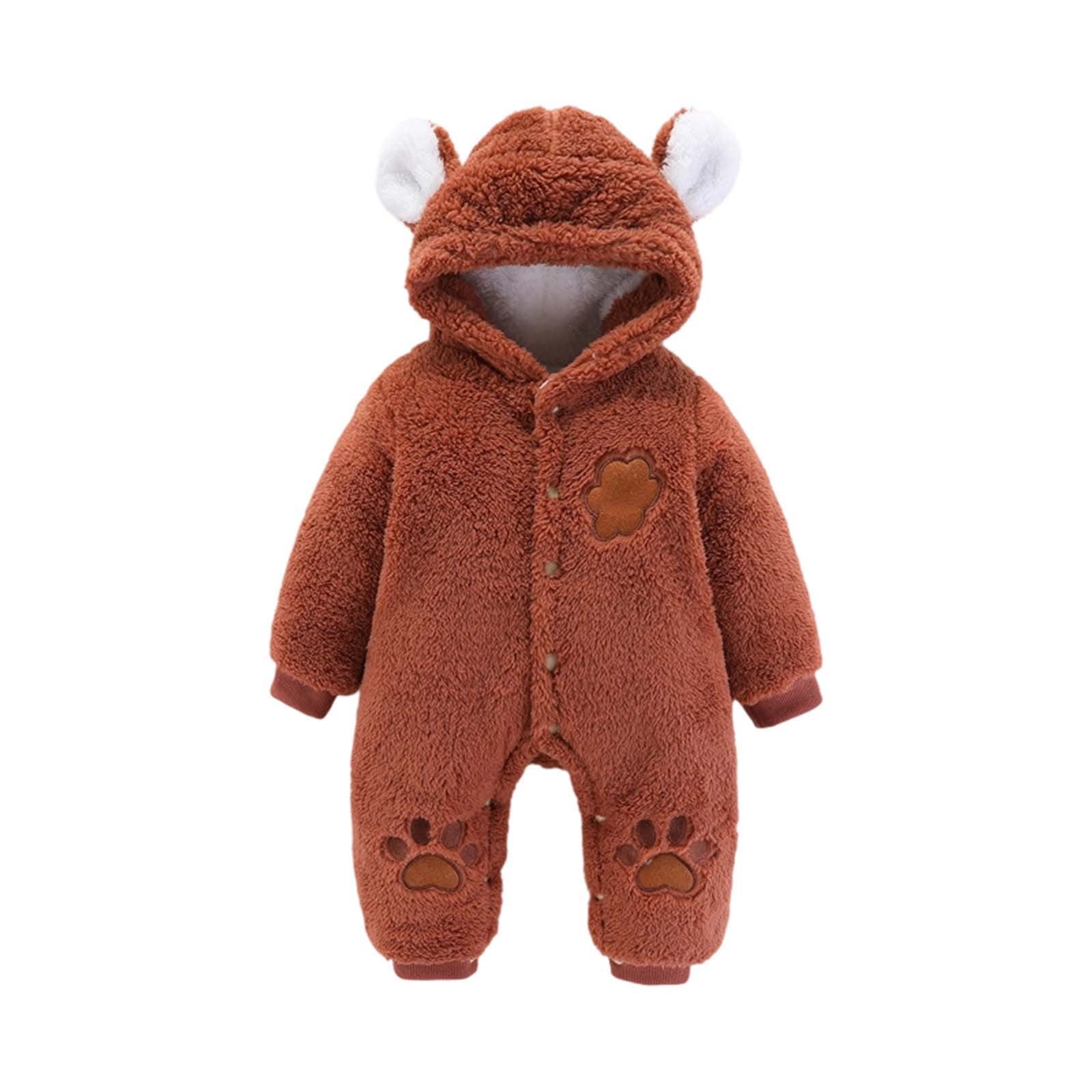 Baby Boy Fleece Jumpsuit Coffee Onesies Long Sleeve Button down Bear Onesie Hooded Jumpsuit Bodysuit Infant Snowsuit Newborn Baby Clothes 1-3 months