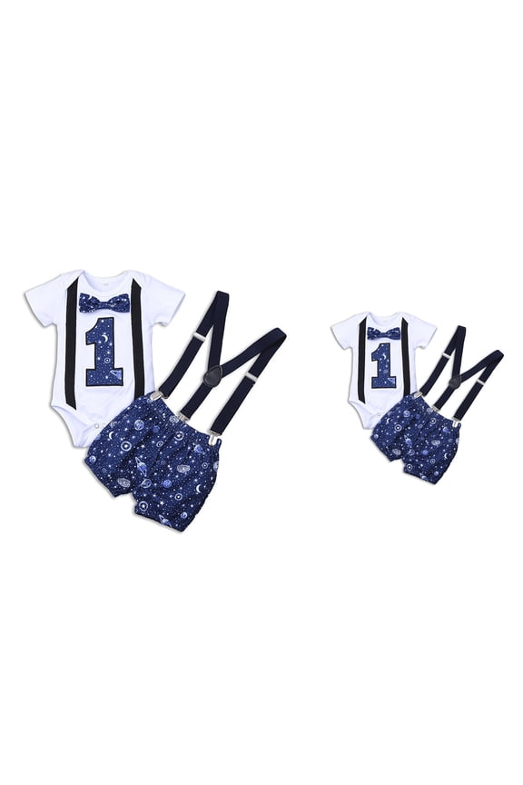 Baby Boy Funny First Birthday Romper Set, Dinosaur Themed Outfit with Bow Tie & Suspenders, One-Year-Old Boys' Shorts & Straps Outfits