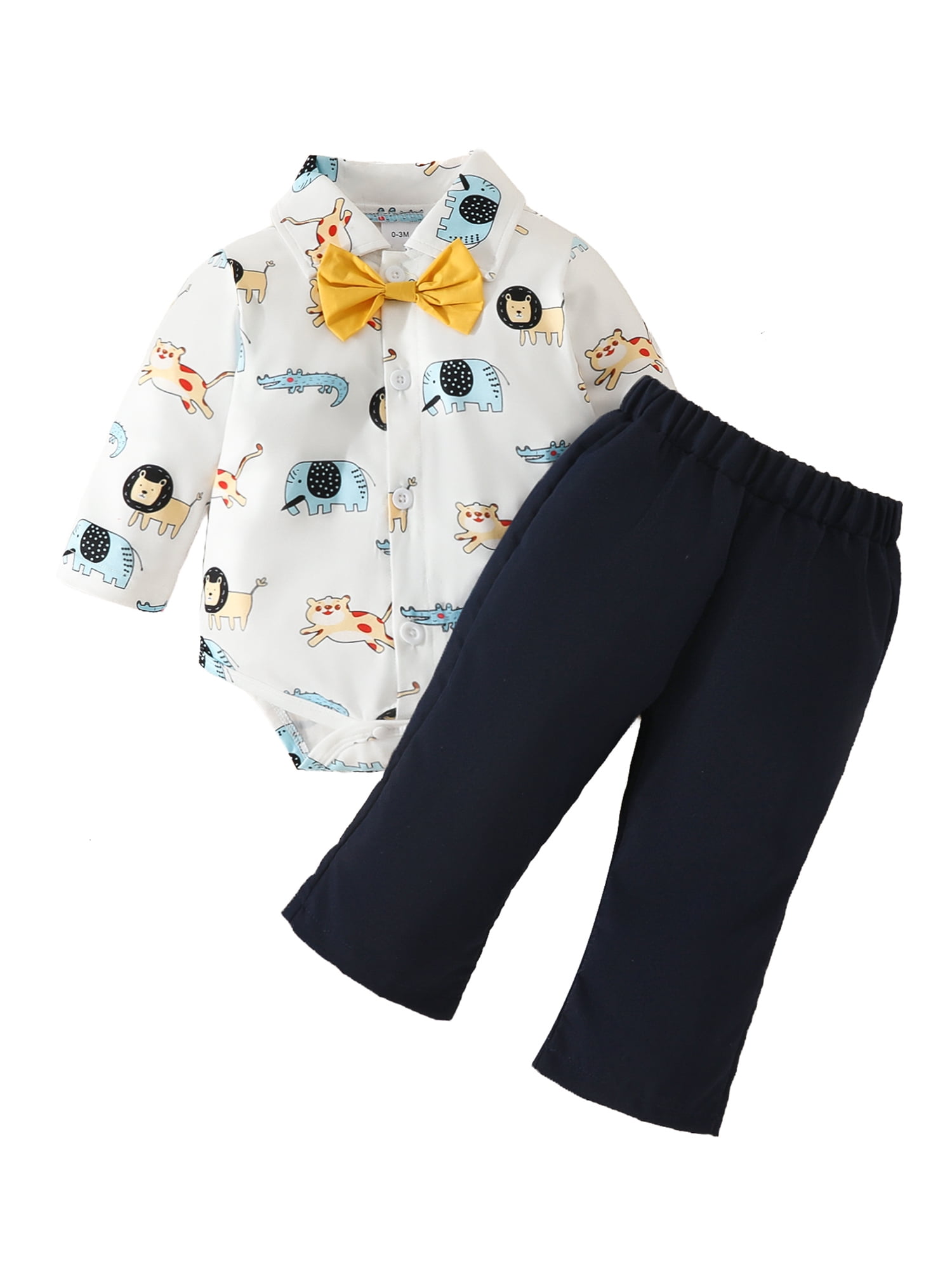 Baby Boy Gentleman Suits Outfits Long Sleeve Animal Print Bowtie Button
