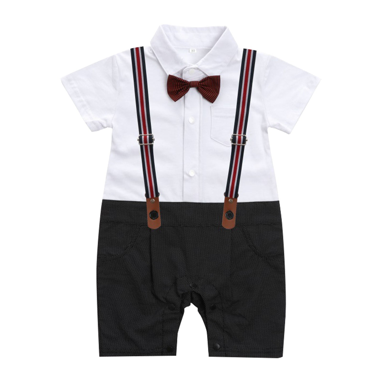 Baby Boy Gentleman White Shirt Bowtie Tuxedo Jumpsuit Overall Romper
