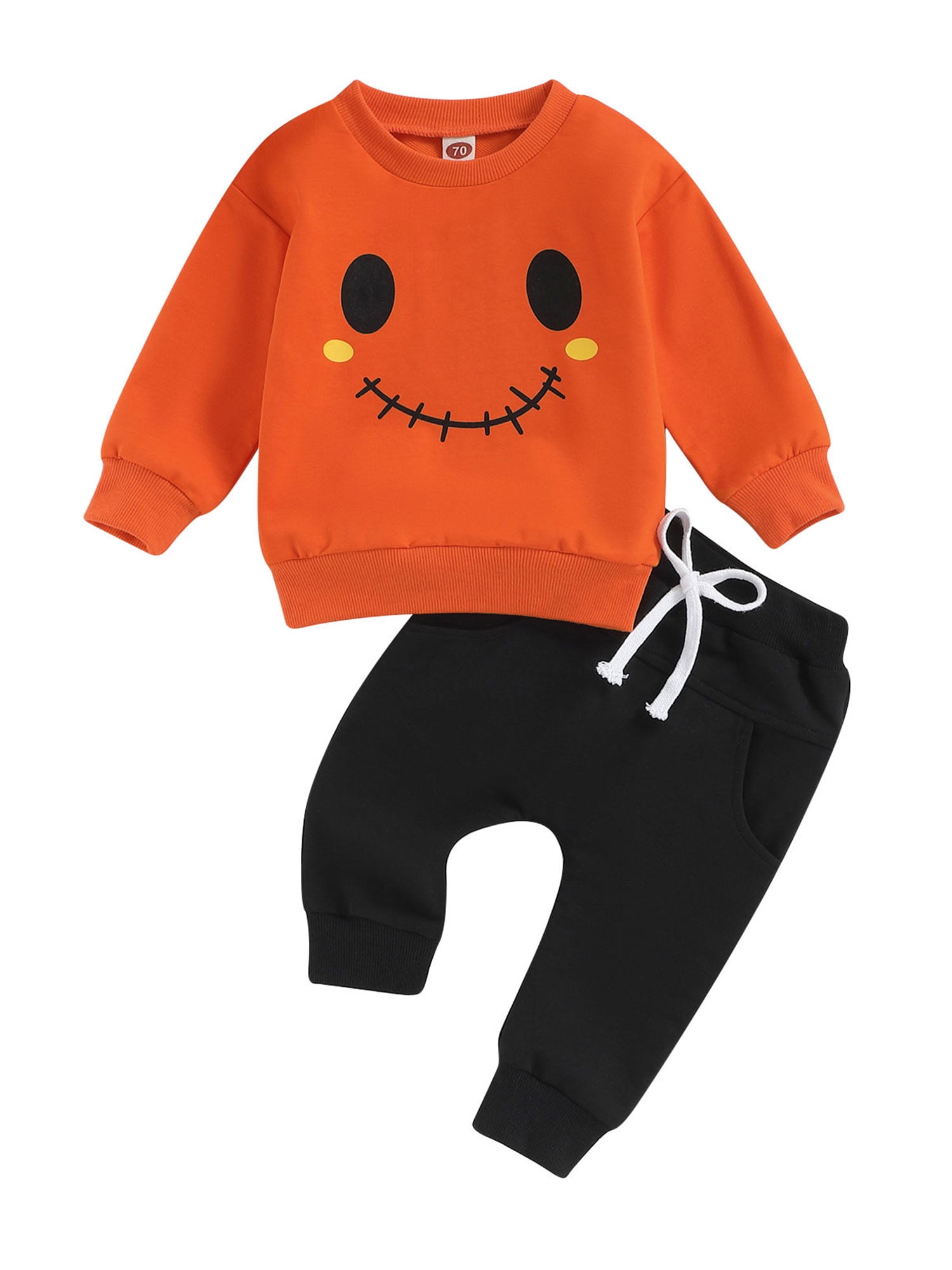 Kid Boy/Kid Girl Face Emojis Print Pullover Sweatshirt and Solid Color Elasticized Pants Set