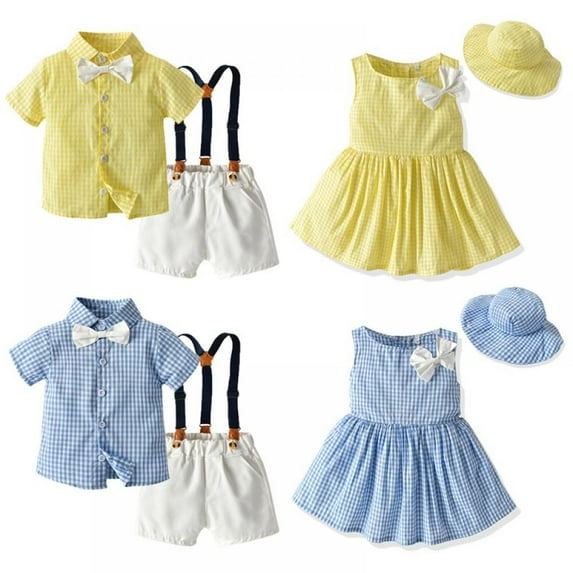 Baby Boy Girl Brother And Sister Matching Outfits Kids Plaid Sleeveless Dress And Boys Shorts 2Pcs Set