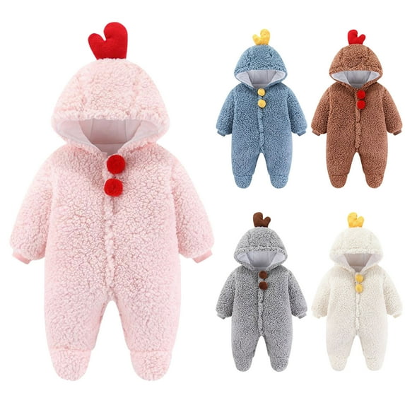 Baby Boy Girl Button Fleece Hooded Jumpsuit Cute Cartoon Animal Fuzzy Sherpa Long Sleeve Warm Romper Footies Winter Outfit