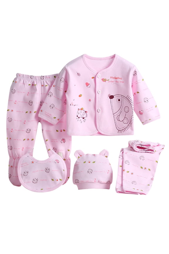 Baby Boy Girl Clothes 5PCS Newborn Cotton Layette Gift Set 0 3 6 Months Unisex Infant Short Long Sleeve Outfit Tops Hat Pants Bib Sock Shoes Romper (One Size,Pink)