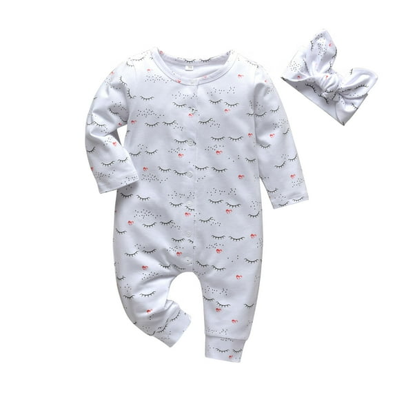 Baby Boy Girl Clothes Printed Long Sleeve Romper   Headband Jumpsuits Outfits White 6-9 Months