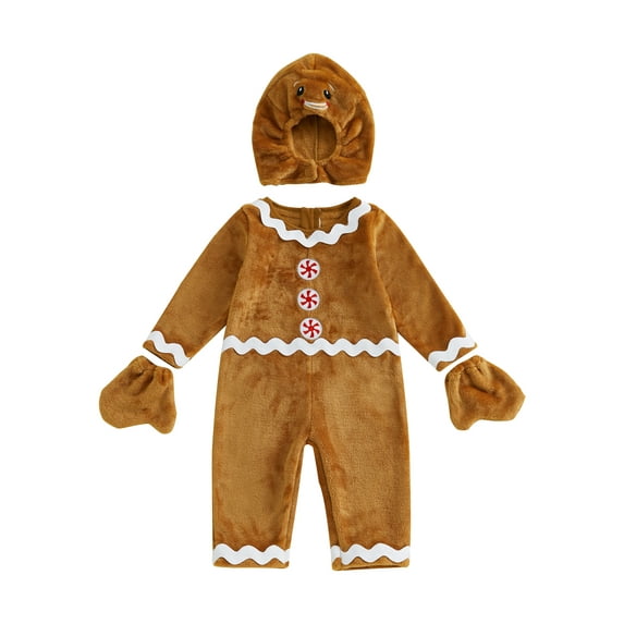 Baby Boy Girl Gingerbread Costume Christmas Outfit Gingerbread Man Romper Fleece Jumpsuit with Hat Gloves Sets Xmas Holiday Clothes