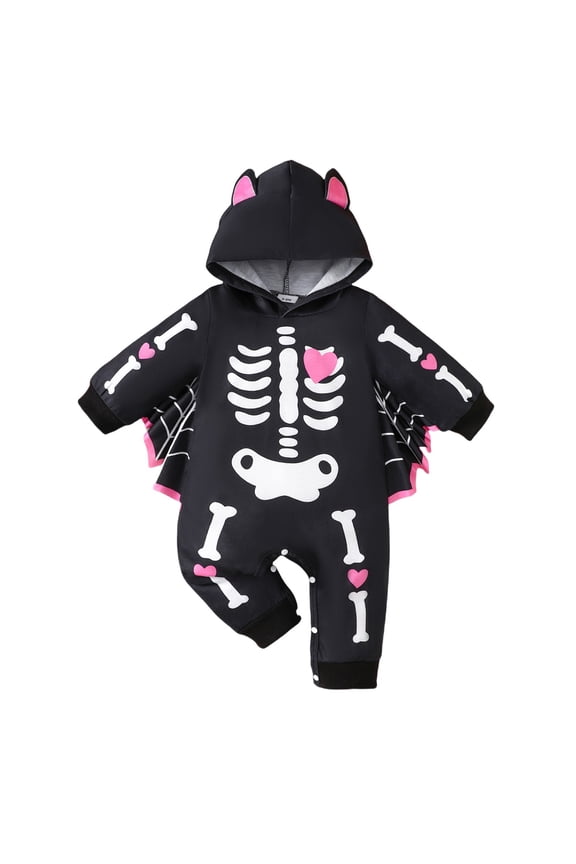Baby Boy Girl Halloween 𝗦keleton 𝐂ostume Long Sleeve Big Ear Hoodie Jumpsuit Toddler Child's Cosplay Outfits