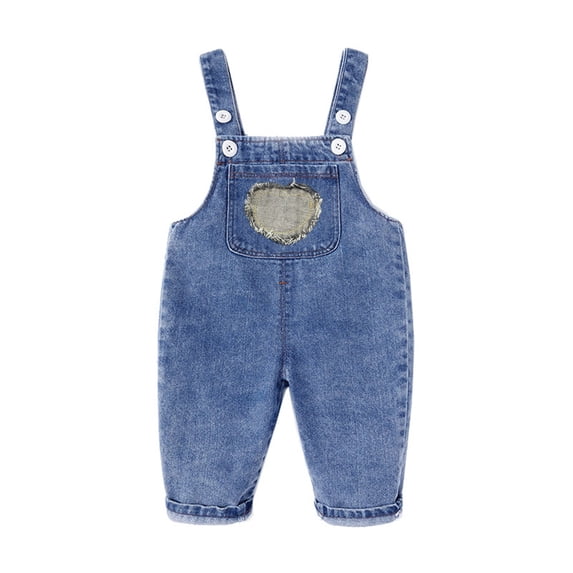 Baby Boy Girl Jean Overalls Cute Heart Print Romper Pants Toddler Washed Distressed Jumpsuit Bib Pocket Denim Workwear