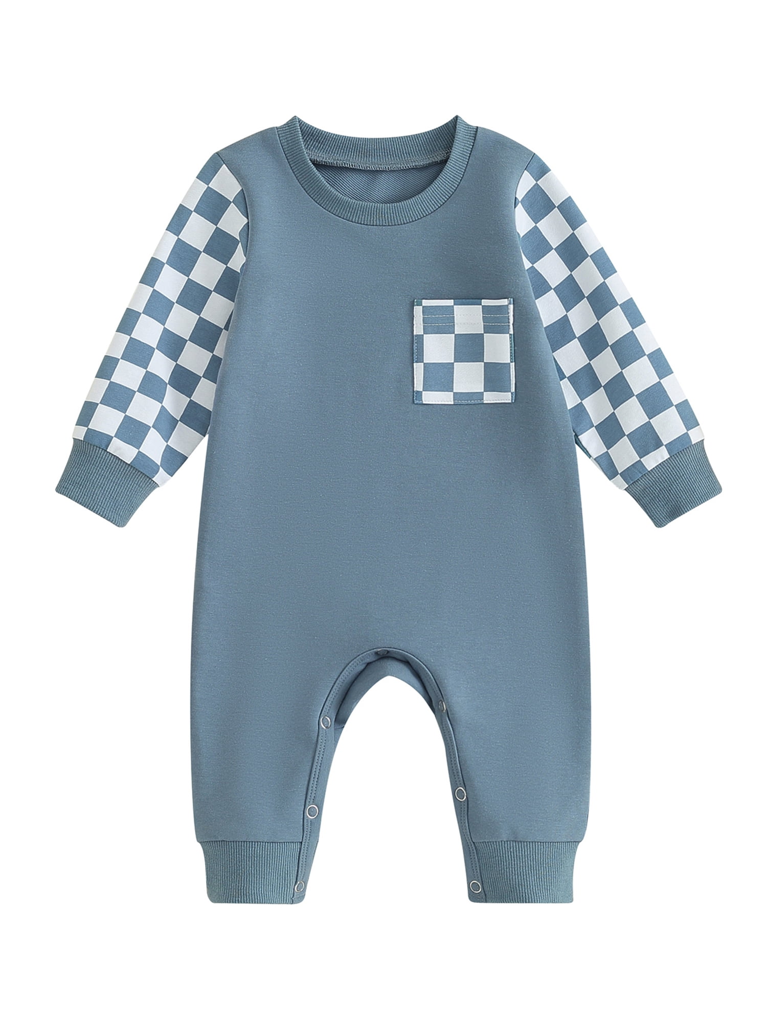 Baby Boy Girl Jumpsuits Long Sleeve Checkerboard Print Pocket Rompers