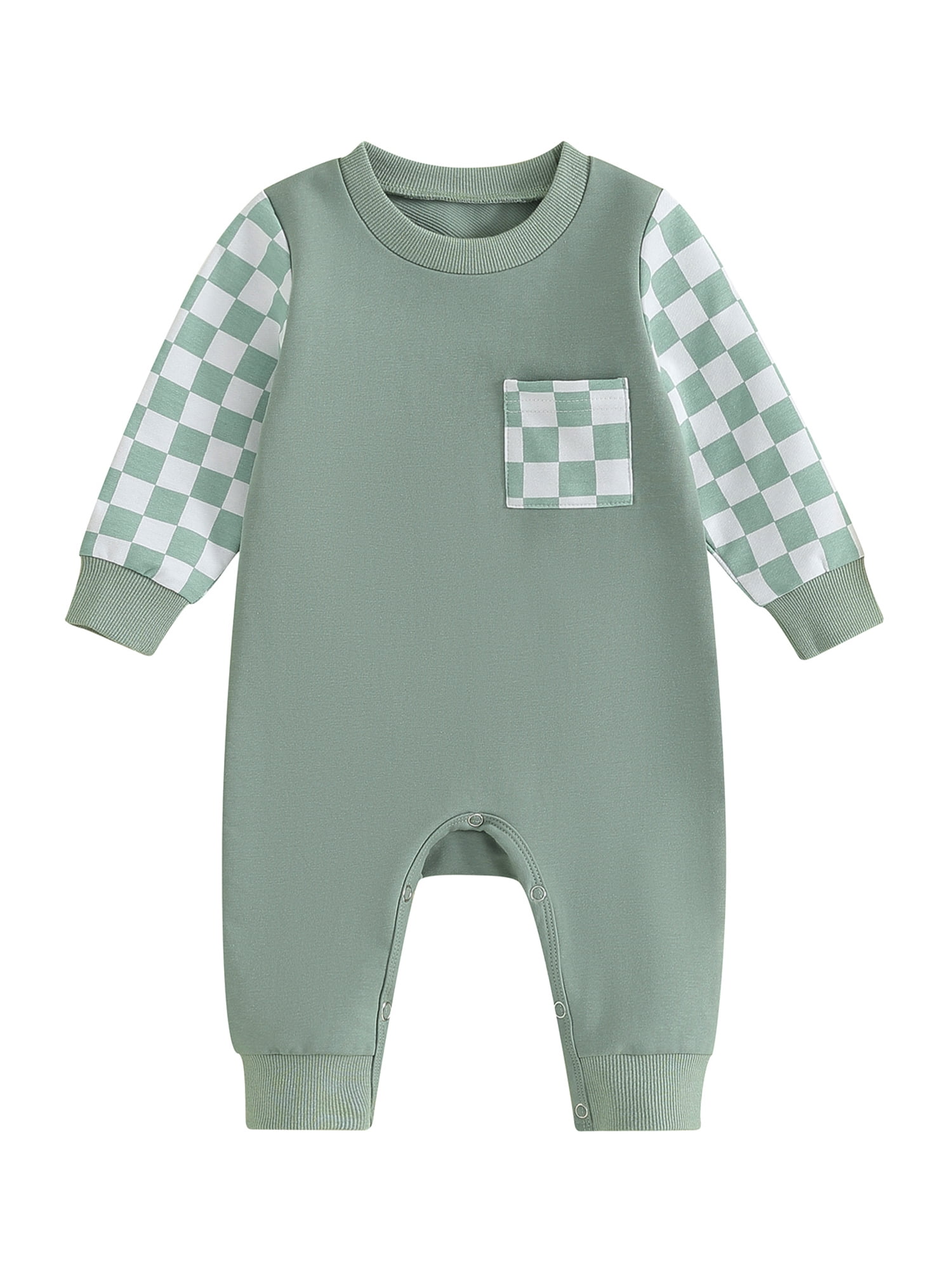 Baby Boy Girl Jumpsuits Long Sleeve Checkerboard Print Pocket Rompers