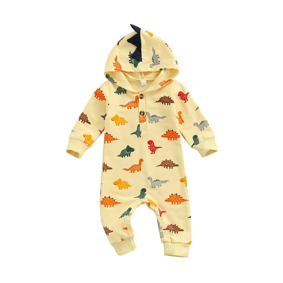 Baby Boy Girl Long Sleeve Hooded Jumpsuit Cartoon Dinosaur Printed Romper Bodysuit Overall Outfits
