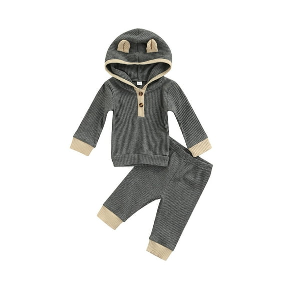 Baby Boy Girl Long Sleeve Hooded Sweatshirt Ribbed Pullover Pant Set Unisex Solid Outfit Clothes