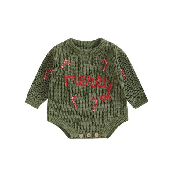 Baby Boy Girl Merry Christmas Sweater Rompers Candy Cane Embroidery Chunky Knit Sweater Bodysuit Xmas Holiday Fall Winter Outfit