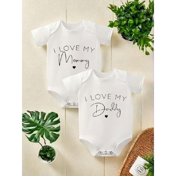 Baby Boy & Girl Outfit 2-Piece Set | "I Love Mom" & "I Love Dad" Printed Short Sleeve Onesie and T-Shirt | Soft 100% Cotton Unisex Newborn Clothes | Snap Closure Bodysuit for Baby Shower Gift