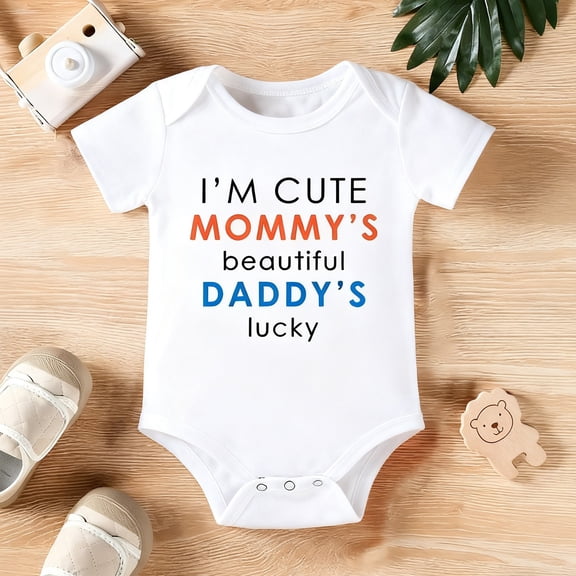 Baby Boy & Girl Outfit | "I'm Cute Mommy's Beautiful" Onesie | Unisex Newborn Clothes for Baby Shower Gift | 100% Cotton Soft Bodysuit | Daddy's Luckiest Pregnancy Announcement Idea