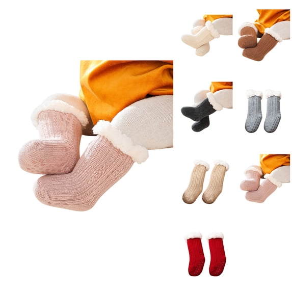 Baby Boy Girl Solid Ankle Crew Socks with Grips, Unisex Toddler Kids Warm Thick Cotton Lined Non- Socks