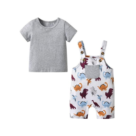Baby Boy Girl Solid Short Sleeve Tops + Animal Style Overalls Shorts Summer Outfits Gray 6-9 Months