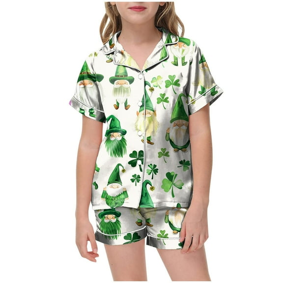 Baby Boy Girl St. Patricks Day Silk Pajamas Set Button Down Clover Long Sleeve Shirts Tops and Pants Satin Pj Sets Princess Pajamas for Girls