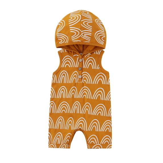 Baby Boy Girl Summer Jumpsuit Rainbow Print Button Sleeveless Hooded Romper