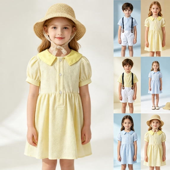Baby Boy Girl Summer Outfits Peter Pan Collar Girl Dress Kids Puff Sleeve Button Dress Matching Boy Suspender Short Outfit Sets
