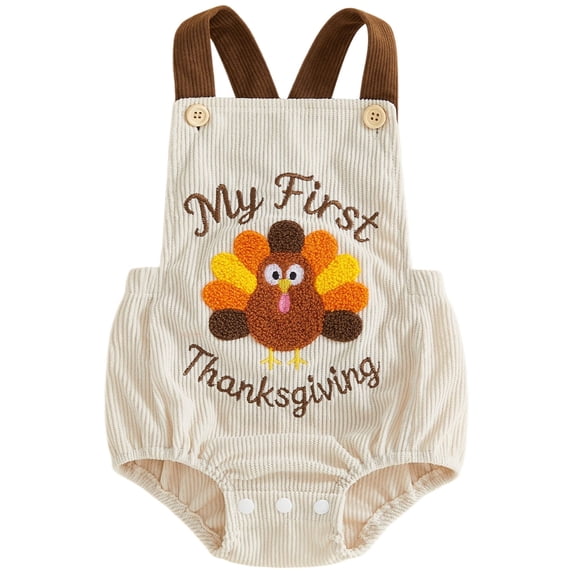 Baby Boy Girl Thanksgiving Outfit Turkey Sleeveless Overalls Romper Corduroy Bodysuit
