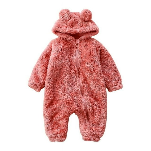 Baby Boy Girl Zipper Fleece Hooded Bear Jumpsuit with Cute Ears Fuzzy Long Sleeve Jumpsuit Toddler Infant Fall Winter Outfit