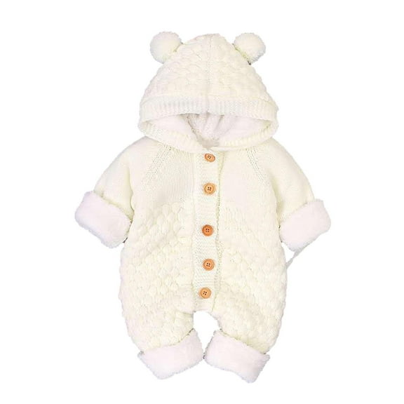 Baby Boy Girls Winter Warm Rompers Unisex Newborn Button Outfits Bodysuits Newborn Baby Girls Boys Winter Warm Coat Knit Outwear Hooded Jumpsuit Beige 12-18 Months