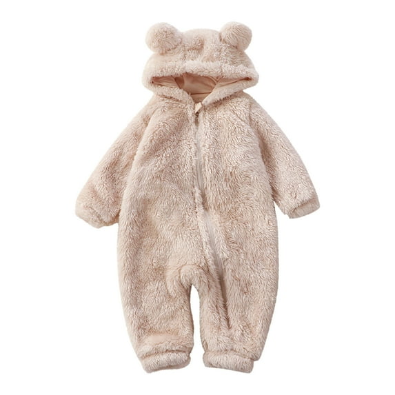 Baby Boy Girls Winter Warm Rompers Unisex Newborn Fleece Outfits Bodysuits Autumn Winter Infant Toddler Baby Long Sleeve Animal Ear Hooded Romper Zipper Jumpsuit Beige 90