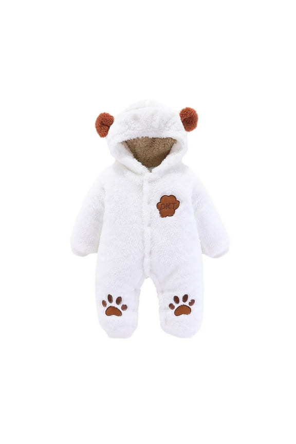 Baby Boy Girls Winter Warm Rompers Unisex Newborn Fleece Outfits Bodysuits Newborn Baby Winter Girls Boys Clothes Warm Animal Ears Bear Claw Overall Rompers Hooded Jumpsuit White 0-3 Months