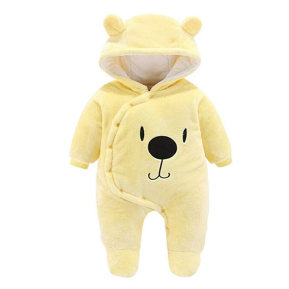 Baby Boy Girls Winter Warm Rompers Unisex Newborn Fleece Outfits Bodysuits Toddler Baby Boys Girls Color Plush Cute Bear Ears Winter Thick Jumpsuit Romper Yellow 0-3 Months