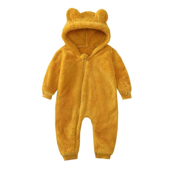 Baby Boy Girls Winter Warm Rompers Unisex Newborn Fleece Outfits Bodysuits Toddler Baby Boys Girls Color Plush Cute Bear Ears Winter Thick Keep Warm Jumpsuit Romper Yellow 0-6 Months