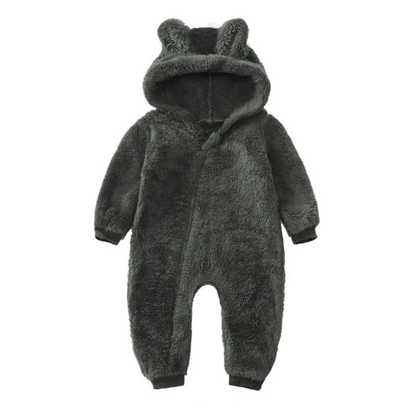 Baby Boy Girls Winter Warm Rompers Unisex Newborn Fleece Outfits Bodysuits Toddler Baby Boys Girls Color Plush Cute Bear Ears Winter Thick Keep Warm Jumpsuit Romper Army Green 18-24 Months
