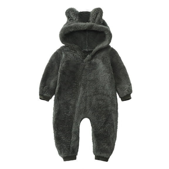 Baby Boy Girls Winter Warm Rompers Unisex Newborn Fleece Outfits Bodysuits Toddler Baby Boys Girls Color Plush Cute Bear Ears Winter Thick Keep Warm Jumpsuit Romper Army Green 18-24 Months