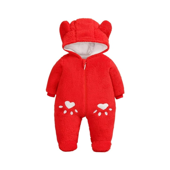 Baby Boy Girls Winter Warm Rompers Unisex Newborn Fleece Outfits Bodysuits Toddler Baby Boys Girls Color Plush Cute Bear Ears Winter Thick Keep Warm Jumpsuit Romper Red 3-9 Months