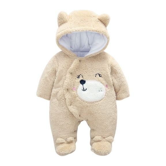 Baby Boy Girls Winter Warm Rompers Unisex Newborn Fleece Outfits Bodysuits Toddler Baby Boys Girls Color Plush Cute Bear Ears Winter Thick Keep Warm Jumpsuit Romper Khaki 12-18 Months
