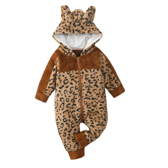 Baby Boy Girls Winter Warm Rompers Unisex Newborn Fleece Outfits Bodysuits Toddler Baby Boys Girls Leopard Plush Cute Bear Ears Winter Thick Keep Warm Jumpsuit Romper Brown 6-9 Months