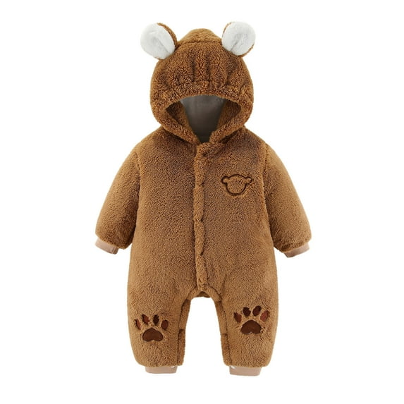 Baby Boy Girls Winter Warm Rompers Unisex Newborn Fleece Outfits Bodysuits Toddler Baby Boys Girls Color Plush Cute Bear Ears Winter Thick Keep Warm Jumpsuit Romper Brown Months