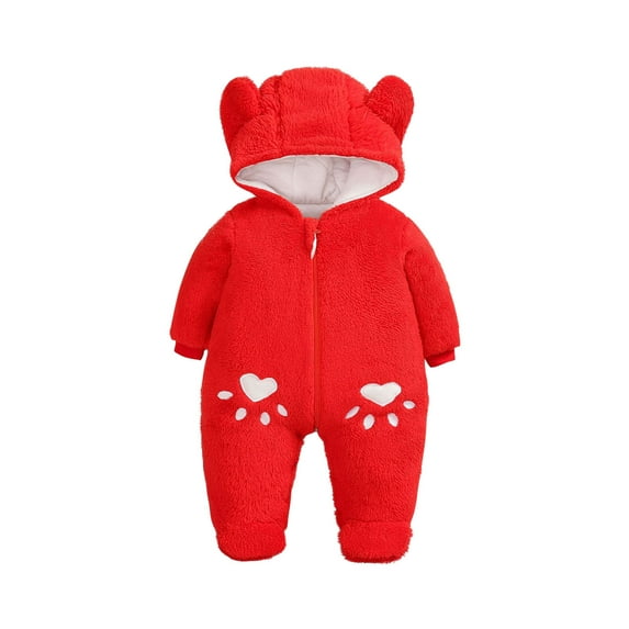 Baby Boy Girls Winter Warm Rompers Unisex Newborn Fleece Outfits Bodysuits Toddler Baby Boys Girls Color Plush Cute Bear Ears Winter Thick Keep Warm Jumpsuit Romper Red 12-18 Months