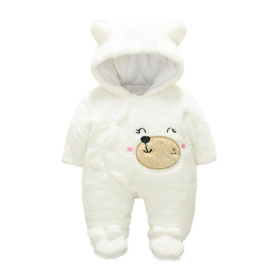 Baby Boy Girls Winter Warm Rompers Unisex Newborn Fleece Outfits Bodysuits Toddler Baby Boys Girls Color Plush Cute Bear Ears Winter Thick Keep Warm Jumpsuit Romper White 0-6 Months