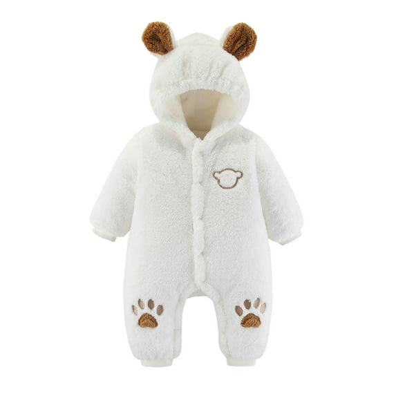 Baby Boy Girls Winter Warm Rompers Unisex Newborn Fleece Outfits Bodysuits Toddler Baby Boys Girls Color Plush Cute Bear Ears Winter Thick Keep Warm Jumpsuit Romper White 12-18 Months