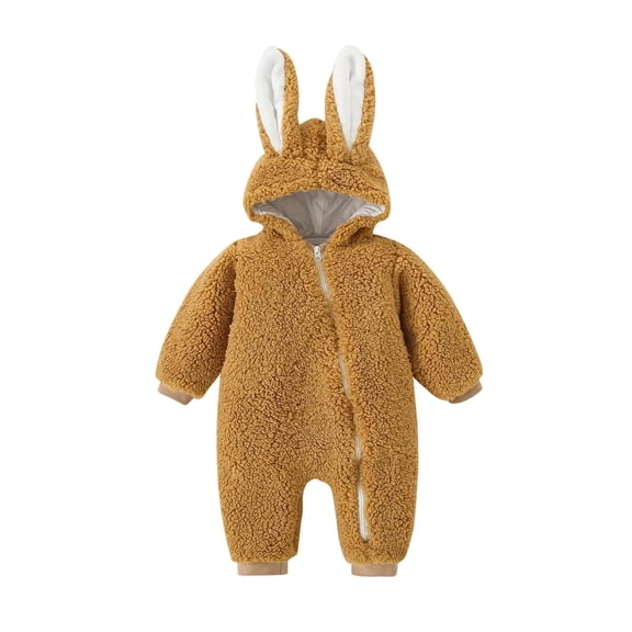 Baby Boy Girls Winter Warm Rompers Unisex Newborn Outfits Bodysuits Toddler Baby Boy Girls Color Plush Cute Rabbit Ears Winter Thick Jumpsuit Romper Khaki 0-3 Months
