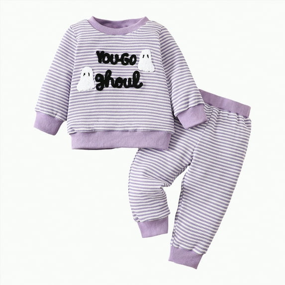 Baby Boy Halloween Girl Autumn Winter Letter Embroidery Long Sleeve Elastic Waist 6M 12M 18M 2T 3T Sweatshirt with Sweatpants Set 2 Pcs