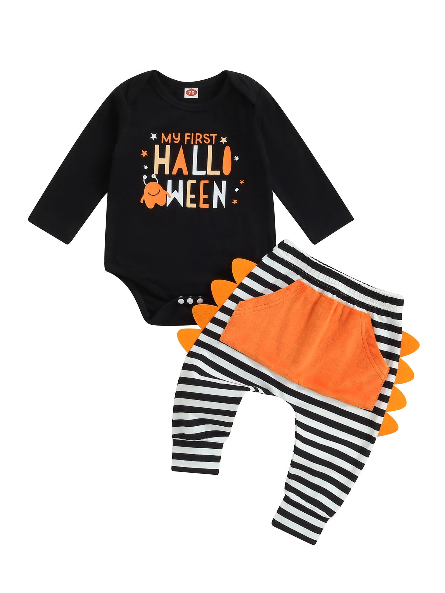 Claire & Charlie Baby Boys Knit Romper - Orange Stripes with Halloween Spider main image 1