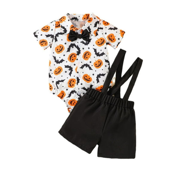 Baby Boy Halloween Outfit Short Sleeve Cartoon Prints Romper Bodysuits Suspenders Shorts Clothing Sets Soft Comfy 2 Piece Summer Clothes