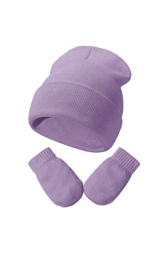 Baby Boy Hats Toddler Kids Fall Winter Soft Solid Knitted Hat With Glvoes Purple 2 Years-5 Years